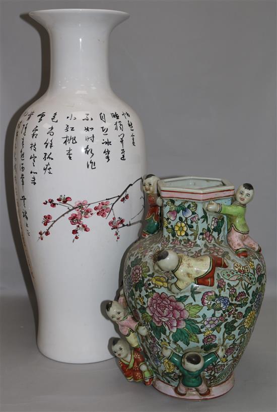 A tall Chinese cherry blossom vase , H.62.5cm and a Hundred Boys vase, H.35cm